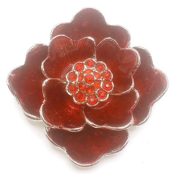 Vintage Brooch Floral Silver-tone Metal Alloy Red Enamel Rhinestone 2" Diameter - Picture 1 of 8
